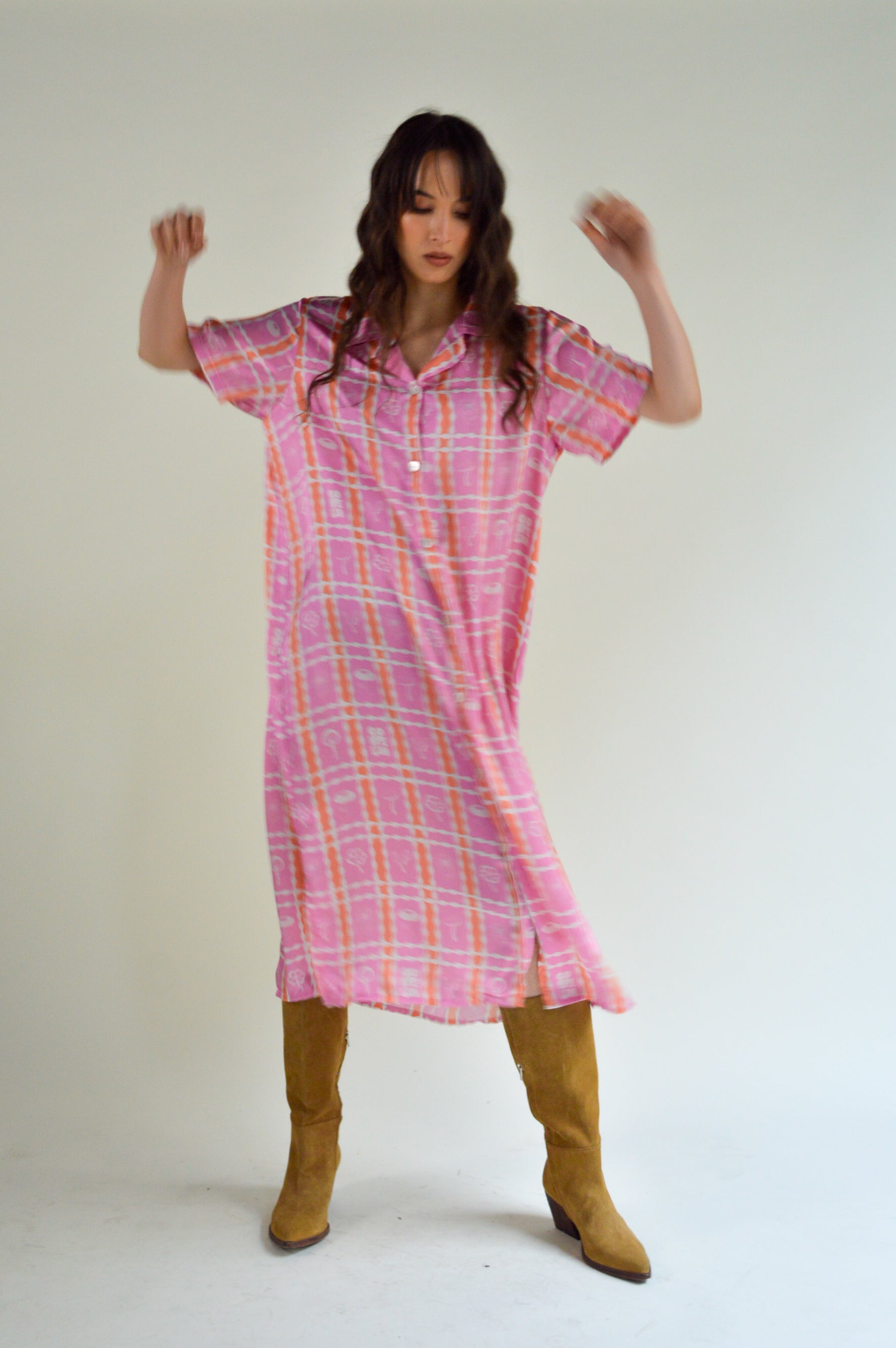 pink pattern shirt dress silk