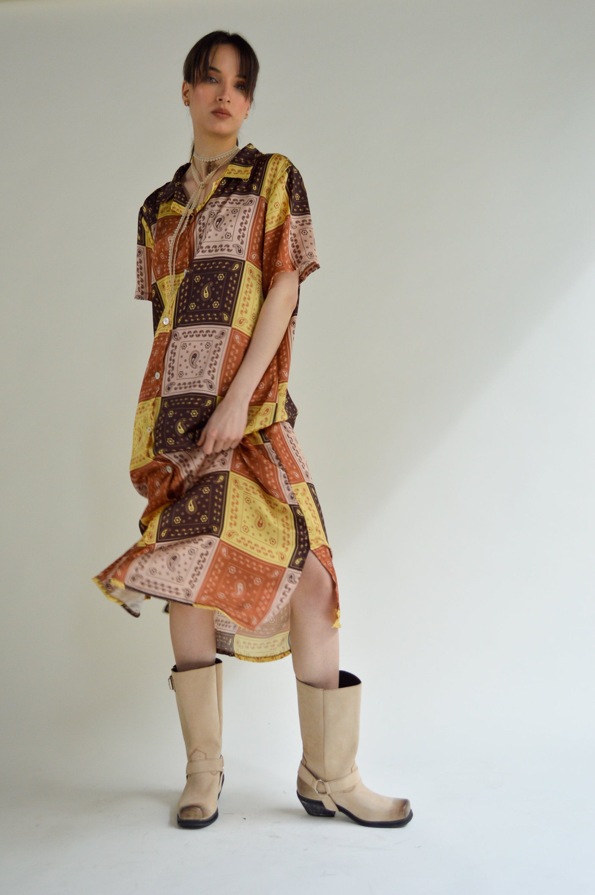 bandana pattern silk shirt dress